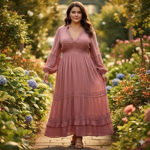 NWT Torrid Festi Maxi LS Smocked Waist Crochet Insets Dress